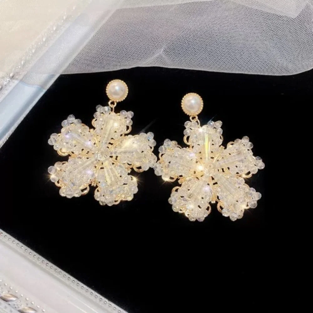 Luxury‎ Crystal Floral Earrings Statement Pearl Studs Elegant Dangle Jewelry New